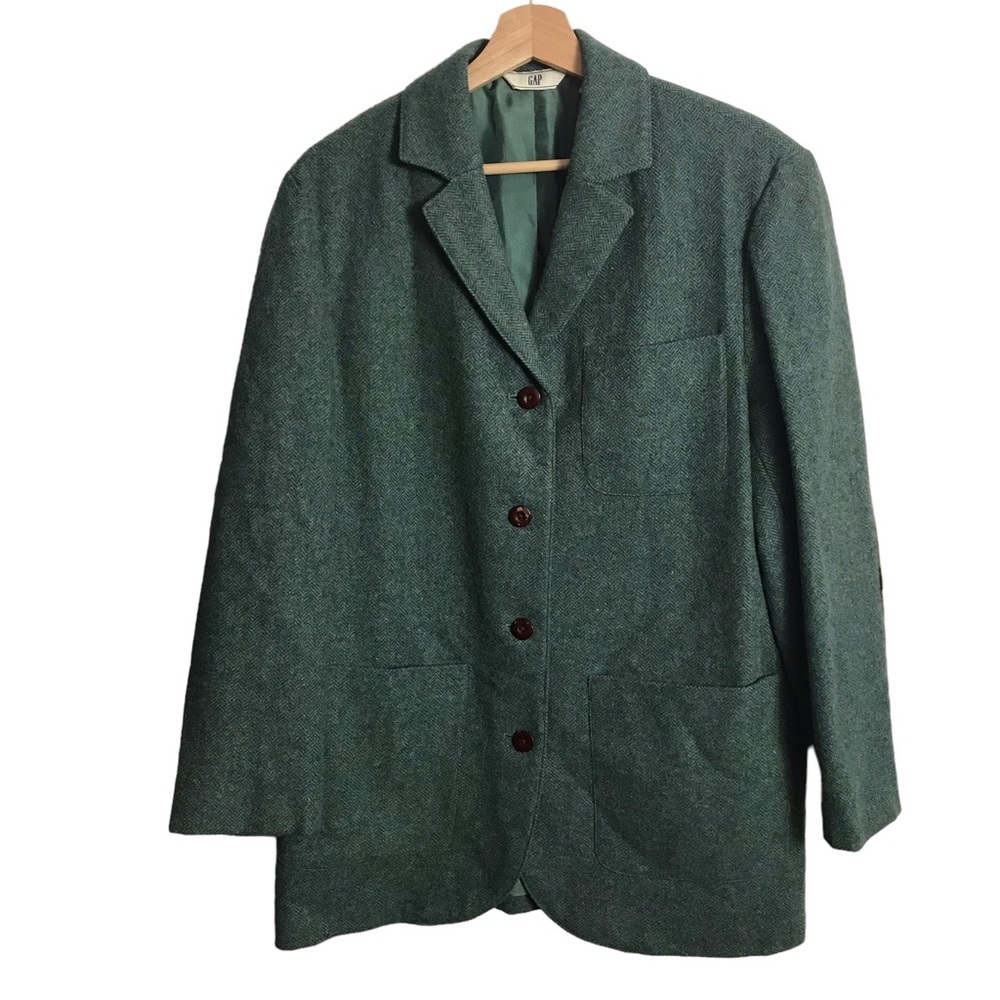 Gap Medium Oversized Green Tweed Blazer Patch Elbows Mohair Blend Academia Retro
